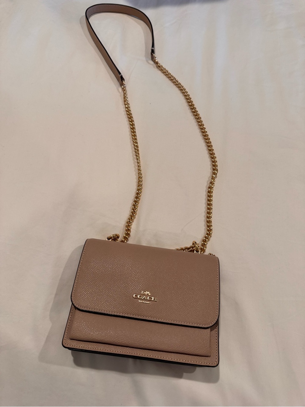 COACH Taupe Leather Crossbody Bag with Gold Chain Strap